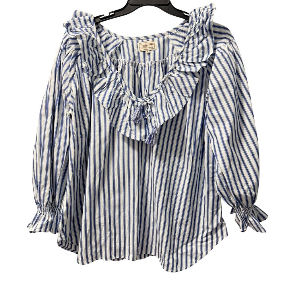 Mille Blue & White Striped Ruffle Blouse Sz XL W/ Tassel Tie Neckline & Smocked